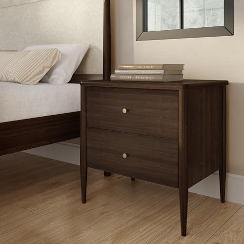 Plank+Beam Harbor Solid Pine Mid-Century Modern Nightstand With 2 Drawers Low-VOC Finish Antique Brass Pulls Bedroom Side Table Anti-Tip Kit Included Walnut