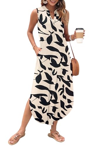 AUSELILY Womens Summer Casual Maxi Dresses 2025 Sleeveless Long Beach Dresses V Neck Loose Sundresses with Side Split Pockets
