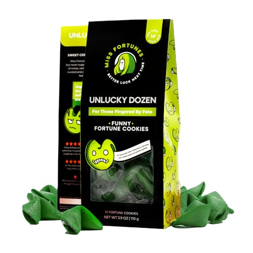 Miss Fortunes, Funny Fortune Cookies, The Unlucky Dozen, For Those Who Have Been Finger'd By Fate! Written by Professional Comedy Writers (Box of 12 Individually Wrapped Green Fortune Cookies)