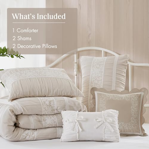 Image of Madison Park 5-Piece Farmhouse Comforter Set with Ruching & Lace Trim, Soft Chambray Bedding, Includes Comforter and 2 Decorative Pillows, King, Neutral