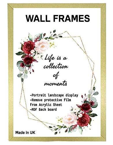 Home Plus Dealz Gold Wall Photo Frame 50 x 70 cm For Display Poster Print Picture With HD Clear Aclyric Front 30x15mm Moulding Metal Hooks MDF Wood