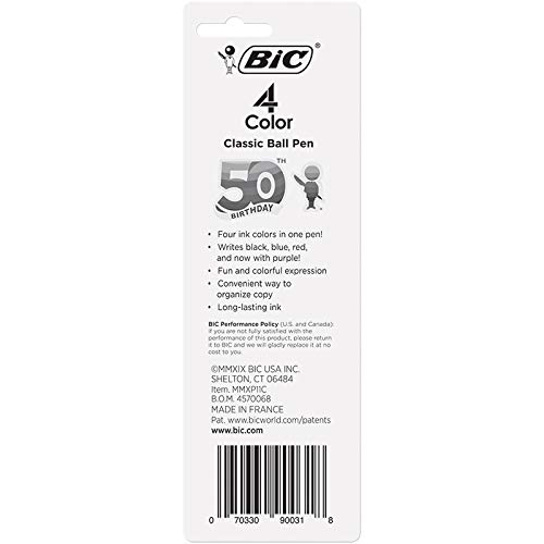 Bic Medium Point Ball Pen, 4 Colors, Assorted Ink, 1 Per Pack #TOP1