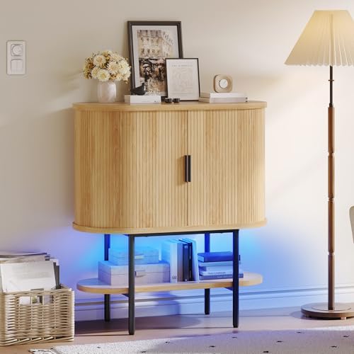 YITAHOME Sideboard Buffet Cabinet with LED Light, Fluted Storage Cabient with Sliding Door, Wine Rack and Glass Holders, Home Coffee Bar Cabinet with Storage for Kitchen, Living Room, Natura