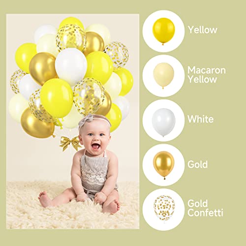 Gremag Yellow Balloons, 60 Pcs Yellow White Gold Confetti Balloons, 12Inch Latex Balloon With Ribbons, For Baby Shower, Birthday, Wedding, Kids Theme Party Decoration, Flower Themed Party Supplies #TOP2