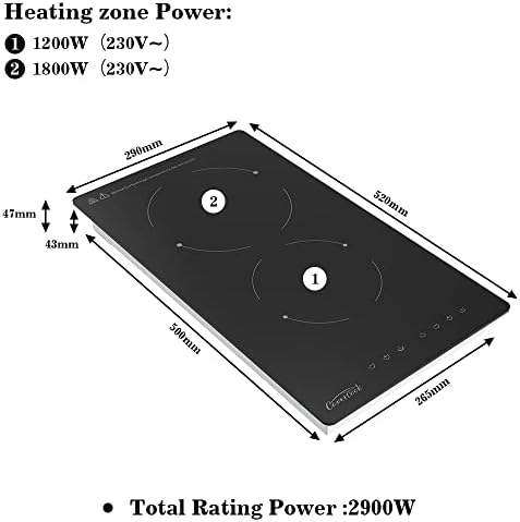 COVERCOOK Ceramic Hob 30cm, Plug in 2 Zones Electric Hob, Domino Cooktop for All Pots, Black Glass Smooth Worktop,Touch Control,Timer, 2900W