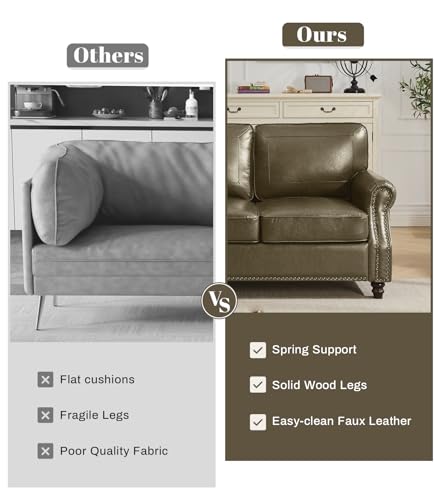 Image of Kingfun 3 Seater Sofa, Mid-Century Modern Faux Leather Couch Set for Living Room, Darkcoffee with Rolled Arms & Nailhead Trim, Easy Assembly, Olive Green