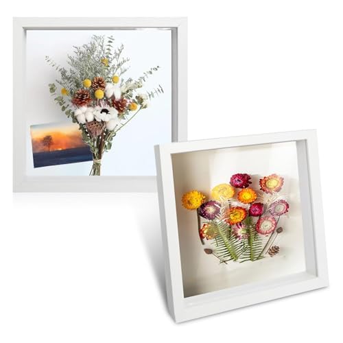 3D Marco de Fotos, 2 Piezas Marcos con Profundidad 20x20 cm, Marco de Objeto Rellenable Forma Cuadrada para Medallas Flores Secas Souvenirs Fotografías, Marcos con Profundidad 3cm(Blanco)