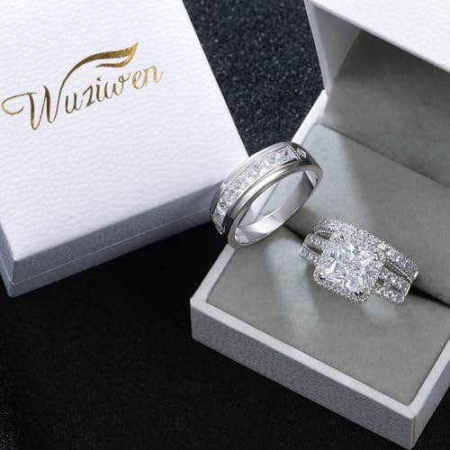 Wuziwen Wedding Wedding Ring Sets for Him and Her Set Princess Promise Ring for Couples Cubic Zirconia Sterling Silver Engagement3