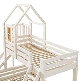 SURUEO Bunk Beds for Kids, Wooden Cabin Bed with Ladder and Slide, Multi-functional Children's Treehouse Bed, Twin Sleeper (90+135) x 190 cm, Solid Wood, White - Image 7