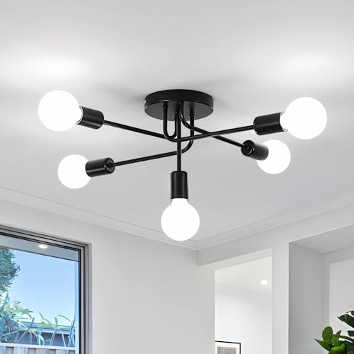DELIPOP Lamparas de Techo Industrial Vintage, 5-Luz E27 Plafon de Techo Retro, Lámpara de Araña Sputnik para Sala, Dormitorio, Cocina, Pasillo, Negro