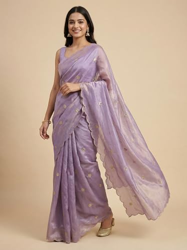 Image of Women's Pure Fandy Satin Sequin Embroidered work Saree with Dupion Unstitched Blouse Piece