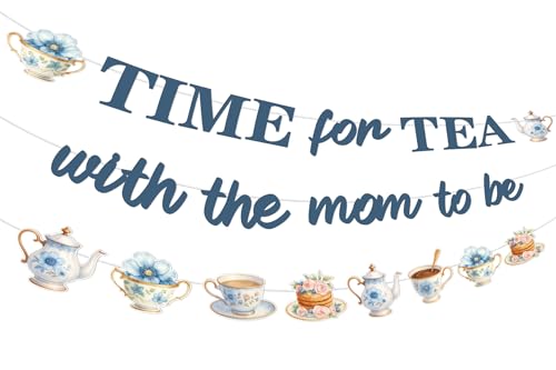 Time for Tea with The Mom to Be Banner Blue Floral Tea Party Theme Banner Vintage Teapot Garland Afternoon Tea Party Decorations for Baby Shower Pregnancy Announcement Supplies