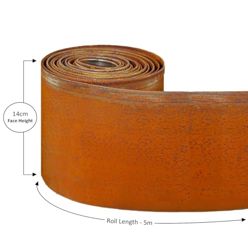Image of Corten Steel Metal Lawn Edging 5 Metre (16.5ft), Roll, Pre-Rusted Metal Garden Edging 14 cm High, Easy to install Garden Edge Border, Safety Gloves Included (RUST, 5M)