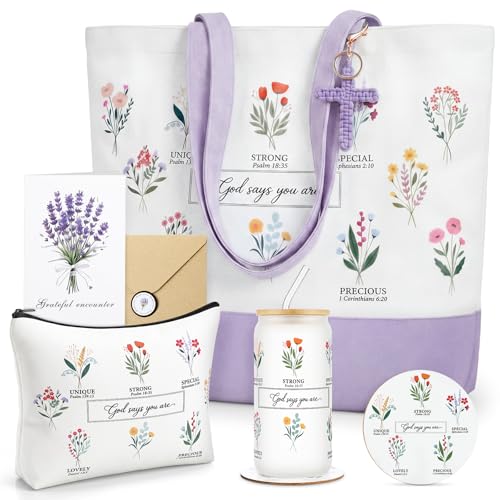 Aliceset Purple Christian Gift Set for Women Religious Gifts Bible Verse Tote Bag Inspirational Faith Based Cosmetic Bag, Cross Keychain, 16 oz Glass Cup, Coaster Greeting Card Catholic Church Gifts