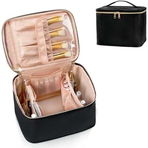OCHEAL Makeup Bag,Large Travel Make Up Bag Organizer Cosmetic Bags for Women Black Makeup Case with Brush Organizer and Dividers - Large Leather Cover