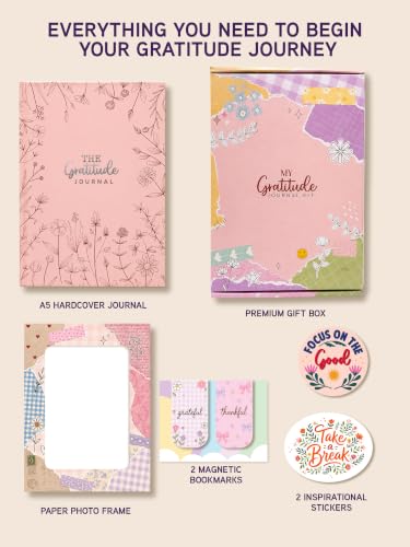 Image of DOODLE My Gratitude Journal Kit | A5 Hardcover Gratitude Journal | 132 Guided Pages for Daily Gratitude, Mindfulness & Self-Care | Wellness Journal with Premium Gift Box, Photo Frame, Magnetic Bookmarks & Inspirational Stickers (Blooming Grace)