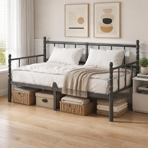 Image of Apextella Home 3ft Metal Day Bed Frame with Headboard and Slatted,Single Bed Frame with Mattress Slide Stopper,Underbed Storage Space and Easy Assembly Daybed for Bedroom Living Room Guest Room, Black