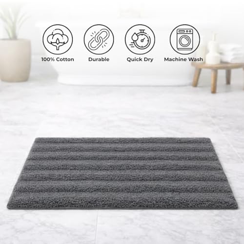 Image of Premium Combed Cotton Tufted Bathmat 45 x 65 cm, 1800 GSM Soft Absorbent Anti Skid Bathroom Floor Mat with Latex Backing, Quick Dry Non Slip Bath Rug for Shower & Daily Use, Stripes Grey