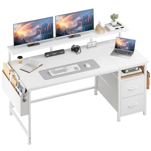 Klyvvo 140x48 Schreibtisch mit 2 Schubladen Bieten Stauraum, Computertisch, Gaming Schreibtisch mit Monitorständer, 2 Ablagehaken, Kabelführungsfach, Geeignet für Gamer, Homeoffice-Mitarbeiter, Weiß