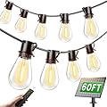 60FT Solar Outdoor String Lights, 18+1 Shatterproof LED Bulbs, Waterproof, USB Rechargeable, 2200K Warm White, Energy-Saving Hanging Patio Lights for Garden, Porch, Bistro, Deck, Camping