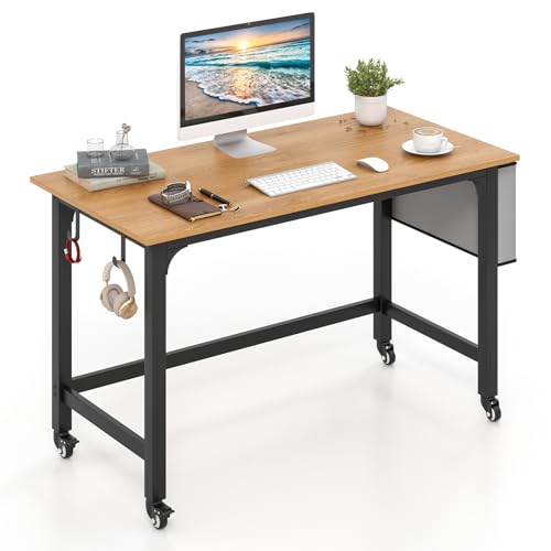 GIANTEX Escritorio de Ordenador con 4 Ruedas Universales, con Bolsillo Lateral y 2 Ganchos, 120 x 60 x 75 cm, Carga hasta 100 kg, Mesa de Trabajo para Oficina, Dormitorio, Estudio (Natural)
