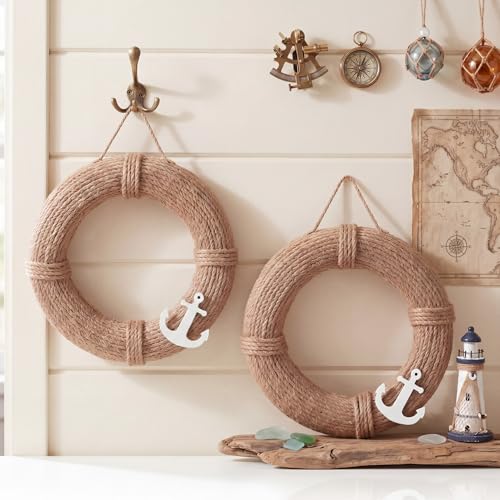 Xuhal 2 Pack Lifebuoy Wall Decor, 9.8 Inch Nautical Life Preserver Wall Hanging with Anchor and Rope, Coastal Beach Bathroom Decor for Beach House, Pool Party, Boat, Cafe Bar