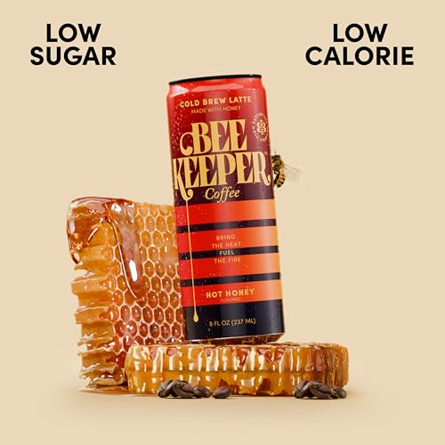 Image of Beekeeper Hot Honey Latte Cold Brew Coffee Drinks with Oregon Honey | 12 Pack Refreshing Iced Coffee - Unsweetened & Strong Arabica Brew, 8 fl oz Ready-to-Drink Can - 180mg Natural Caffeine