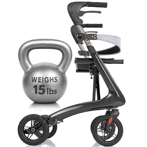 Vive Mobility Carbon Ultralight Rollator Walker - 4 Wheel Lightweight Carbon Fiber Walker for Seniors with Seat - All Terrain Foldable Height Adjustable - 300 lbs Weight Capacity Mobility Aid