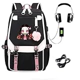 Roffatide Anime Demon Slayer Mochila escolar con múltiples bolsillos mochila para portátil para niñas y niños bolsa para la universidad con puerto de carga USB y puerto para auriculares Negro