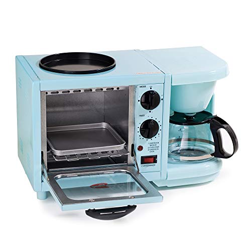 Elite Gourmet Retro Nostalgia 3-in-1 Breakfast Maker Station 4 Cup Coffeemaker, Toaster Oven with Timer, Griddle, Aqua