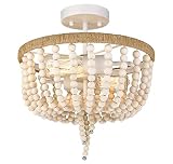 ELYONA Bohemia Wood Beaded Chandelier, Farmhouse Flush Mount Ceiling Light, 13" Rustic Ceiling Light