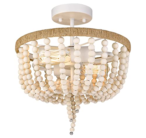 Elyona Bohemia Wood Beaded Chandelier, Farmhouse Flush Mount Ceiling Light, 13" Rustic Ceiling Light Fixture, 2-Light Boho Light Fixture For Bedroom, Entryway, Hallway, Kitchen, Girl Room, White #TOP8