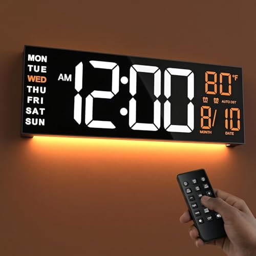 JALL 16 Large Digital Wall Clock with Remote Big LED for Seniors Auto Dimming 8 RGB Colors Night Light Count Down Timer Alarm DST Temperature for Living Room Back to School Classroom