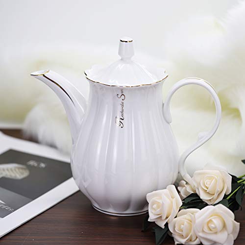 ufengke 51oz Blanco Cafetera de Cerámica,Volantes con Lado Dorado Tetera de Porcelana,Gran Capacidad Cafetera de Forma… - Imagen 5