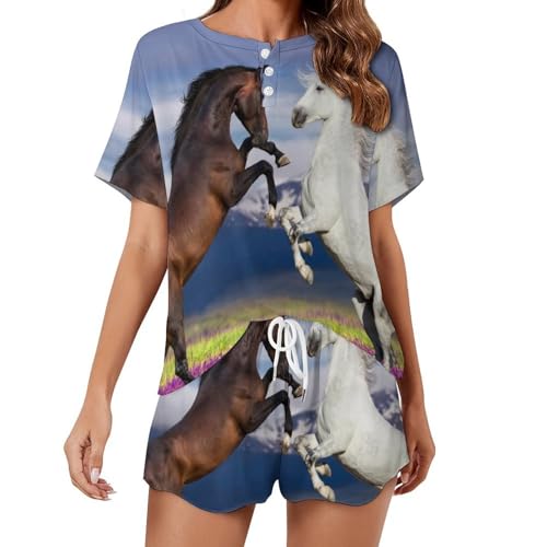 Pyjama femme manches courtes cheval brun et blanc en coton léger pour l'été