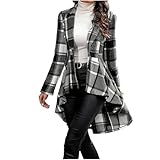 Women Plaid Flowy Ruffle Hem Shacket Jacket Button Open Front Lapel Long Sleeve Cardigan Coat Peplum Babydoll Shirt Top Gray
