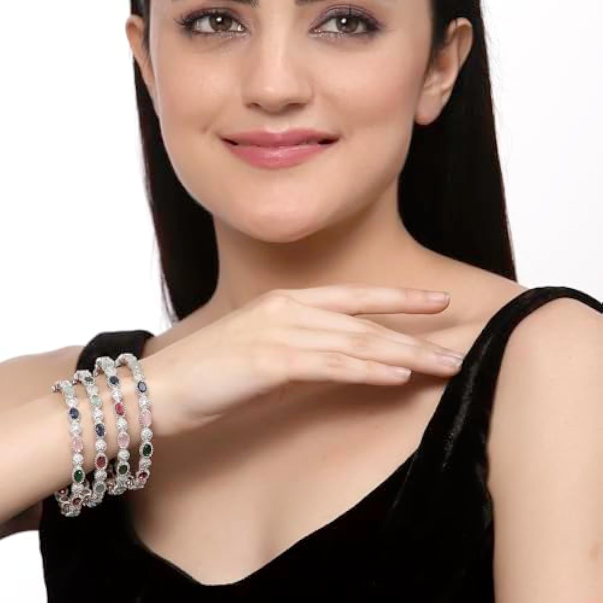 Rhodium-Plated American Diamond Bangles Set of 4 (2.6)
