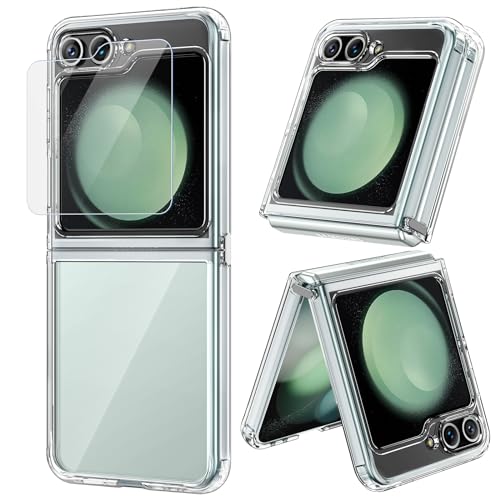 VEGO for Samsung Galaxy Z Flip 5 Case with Screen Protector, TPU Crystal Clear Case, Ultra Slim, Wear-Resistant, Spray Paint Bumper Cover Case for Flip 5 Phone Case - Full Clear