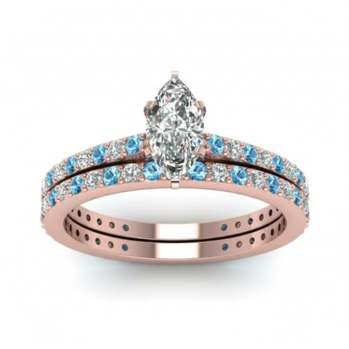 Image of 55Carat Choose Your Gemstone Marquise Shape 14k Rose Gold Plated Classic Delicate Diamond CZ Handmade Fashion Jewelry Party Wear Daily Wear Ornament Gifts for Wife Wedding Ring Sets : US Size 4 to 12
