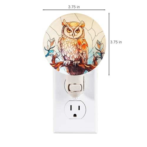 Image of Owl Night Light - Vintage Cottagecore Stained Glass Style Plug-in Wall Light, Flat Glass Owl Design for Vertical Outlets, Tiffany-Inspired Decor Gift