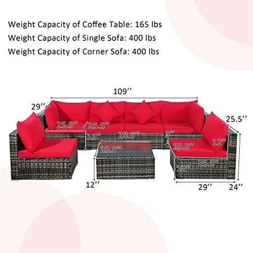 Quul 7Pcs Patio Rattan Furniture Set Sectional Sofa Garden Red Cushion Outdoor Patio Furniture Set #TOP6