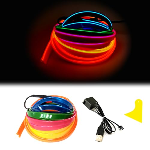 Maxlaxer El Wire Mutilcolor Interior Car LED Strip Lights,3M Neon Wire USB 5V with Fuse Protection for Automotive Interior Decoration, with 6mm Sewing Edge