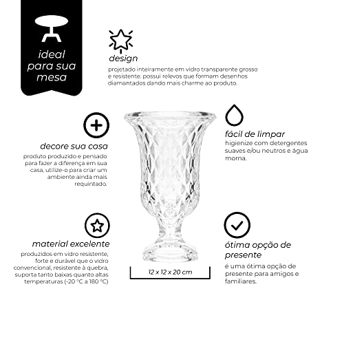 Mimo Style Vaso de Vidro Formato de Cálice Linha Florença, 20cm. Feito Inteiramente de Vidro Transpa