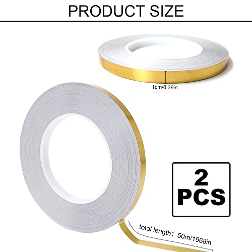 Image of 2 Rolls 0.4 Inch x 164 Ft Metalized Polyester Mylar Film Tape, Graphic Art Tape Mirror Tape, Foil Line Adhesive Tape for Wall, Floor, Tile, Gifts Wrapping (Gold)
