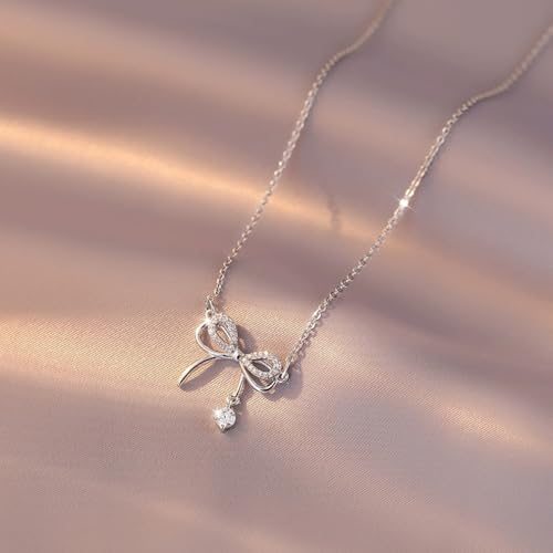 SLUYNZ 925 Sterling Silver Bow Choker Necklace for Women Teens CZ Bow Choker Necklace Pendant Bow Ribbon Necklace2