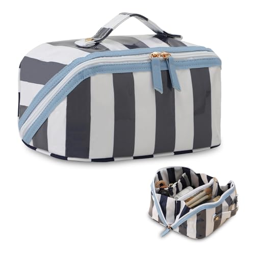 DYSHAYEN Stripe Travel Makeup Bag, Waterproof, White-Navy
