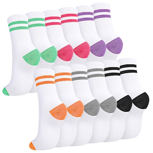 Jspupifip 6 Pairs Striped Crew Socks for Women, Splicing Color Athletic Sports Running Socks, Soft Breathable Calf Tube Sock