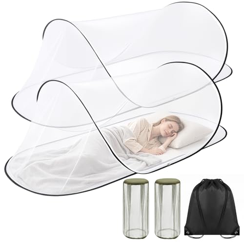 MicMingle 2 Pcs Black Pop Up Mosquito Net for Bed with Drawstring Bag Mosquito Head Net, 78 x 31 x 22 Inch Portable Foldable Mosquito Tent with Double Zipper, Mesh Bed Net for Camping Travel