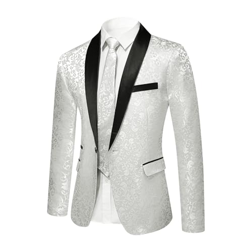 YFFUSHI Blazers de Hombre Jacquard Paisley Chaqueta de Traje 1 Botón Smoking de Ceremonia para Bodas, Blanco, XXL
