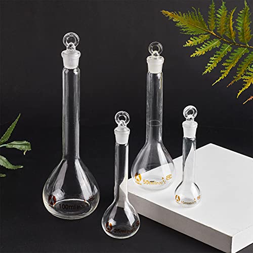 OLYCRAFT 4pcs Volumetric Flask 10ml/25ml/50ml/100ml Volumetric Flask Set with Glass Cap Durability & Chemical Resistance Glass Bottle for Laboratory Project - Thumbnail 5